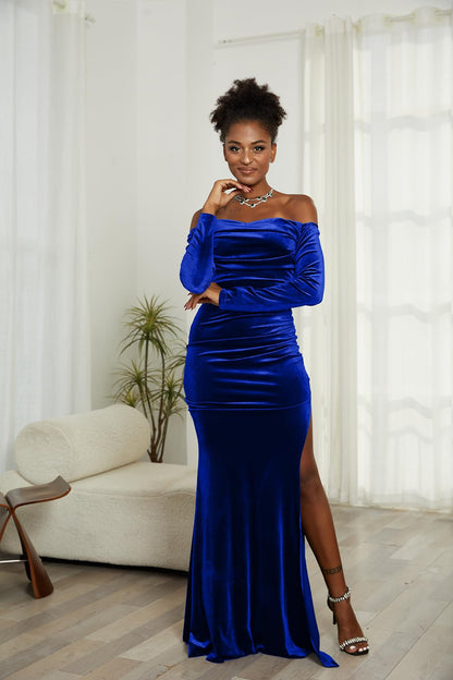 Women Off The Shoulder Formal Dresses Velvet High Split Maxi Dress