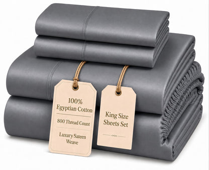 100% Egyptian Cotton Sheets King Size Sheets Set with Fully Elasticated 15" Deep Fitted Sheet & Pillowcases