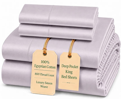 100% Egyptian Cotton Sheets King Size Sheets Set with Fully Elasticated 15" Deep Fitted Sheet & Pillowcases