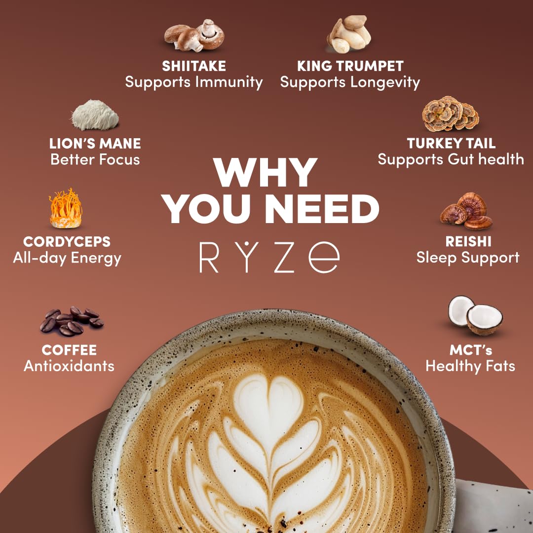Ryze Superfoods Mushroom Medium Roast Coffee Usda Organic with 6 Adaptogenic Mushrooms