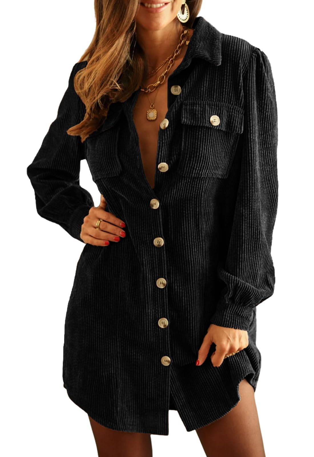 Women's Corduroy Long Sleeve Button Work Tunic Short Dresses