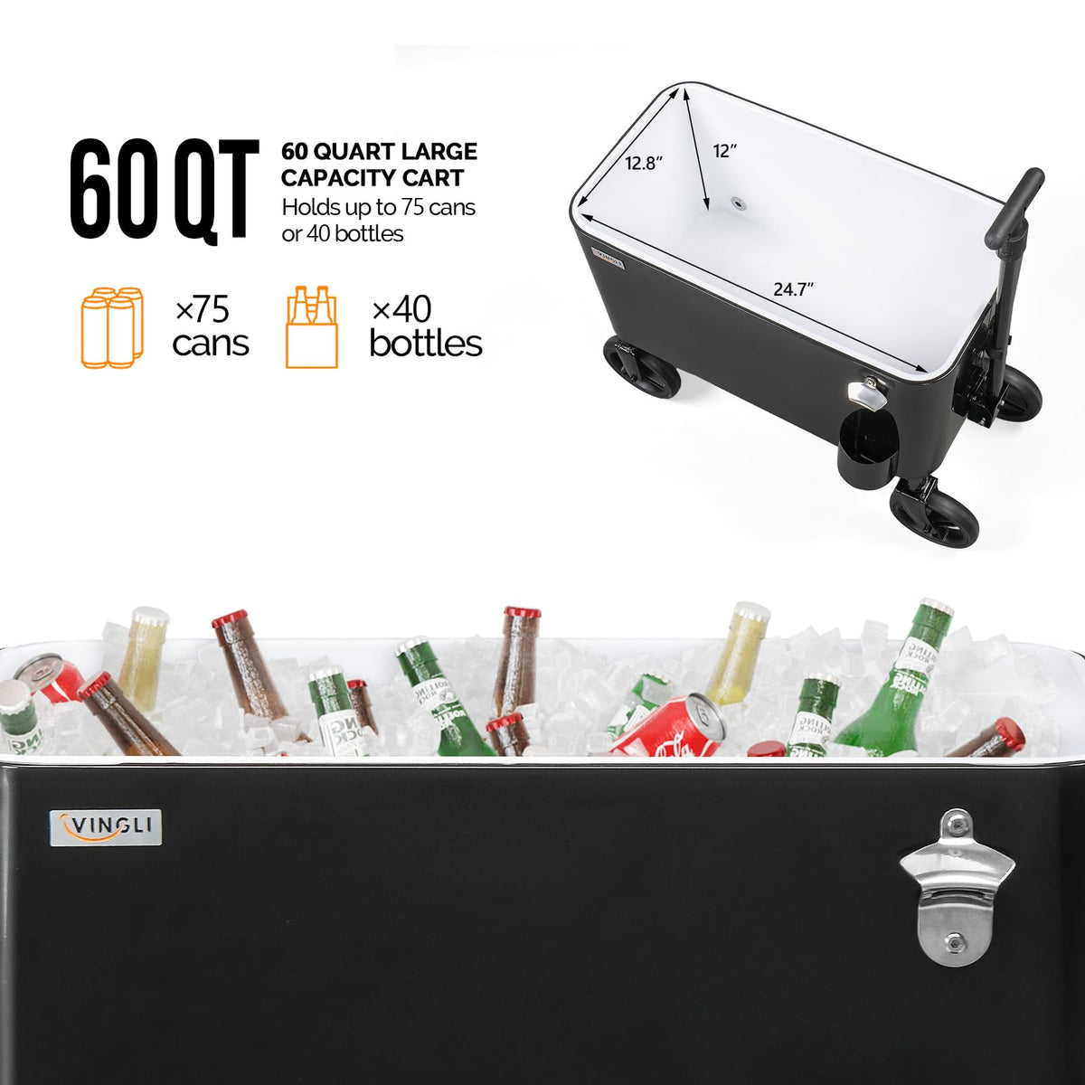 Vingli 80 Quart Wagon Rolling Cooler Ice Chest, W/Long Handle and 10" Wheels