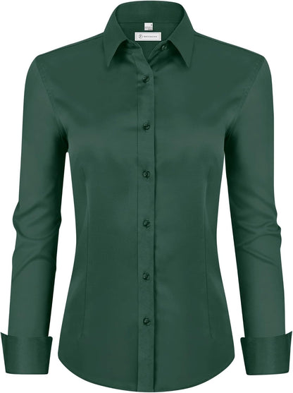 siliteelon Womens Classic-Fit Dress Shirts Long Sleeve Button Down Wrinkle-Free Stretch Solid Casual Work Office Blouse Top