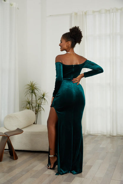 Women Off The Shoulder Formal Dresses Velvet High Split Maxi Dress