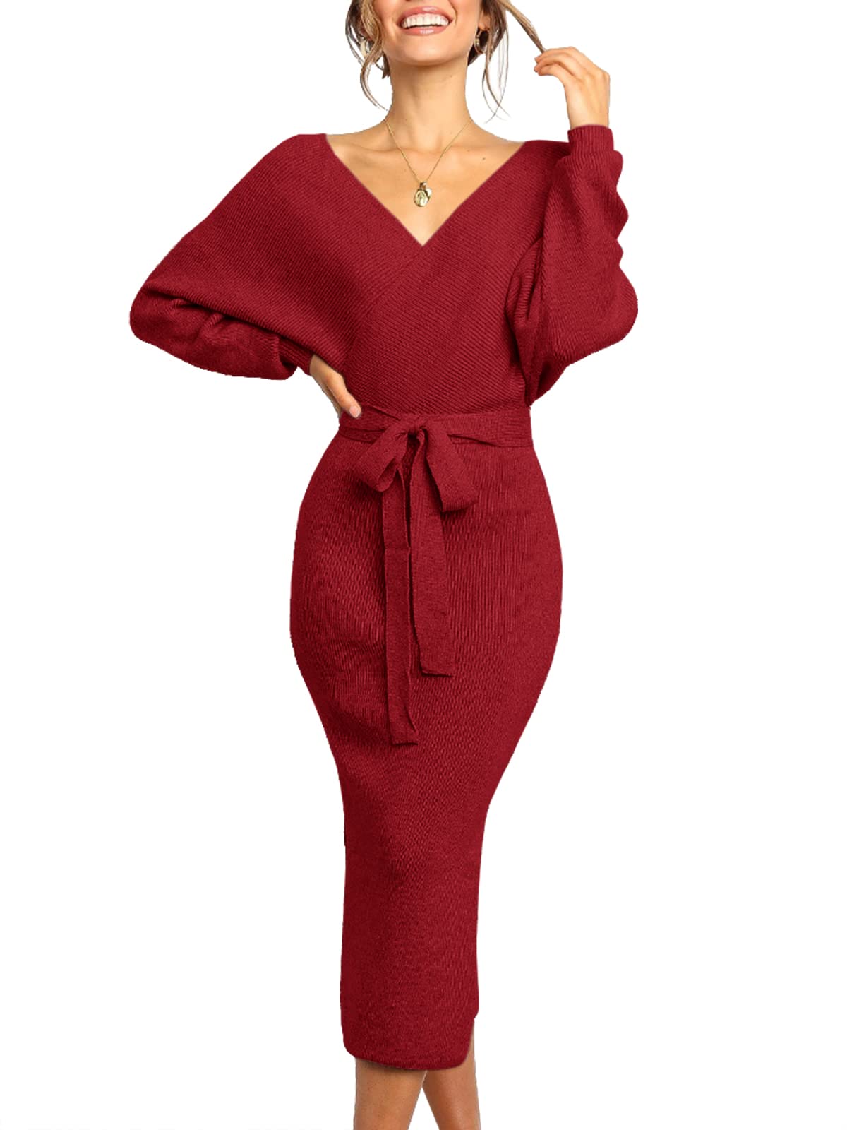 Womens Maxi Sweater Dress Long Sleeve Batwing Wrap V Neck Fall Dresses