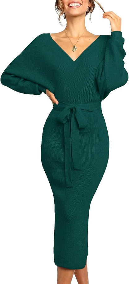 Womens Maxi Sweater Dress Long Sleeve Batwing Wrap V Neck Fall Dresses