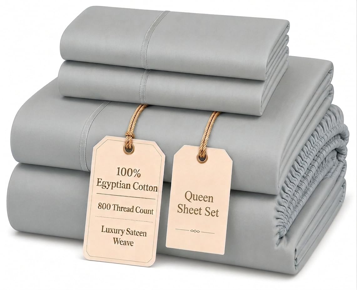 100% Egyptian Cotton Sheets King Size Sheets Set with Fully Elasticated 15" Deep Fitted Sheet & Pillowcases