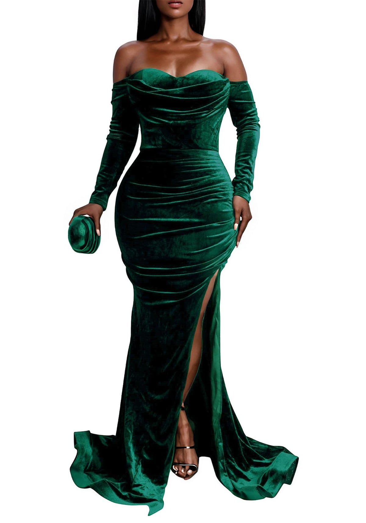 Women Off The Shoulder Formal Dresses Velvet High Split Maxi Dress