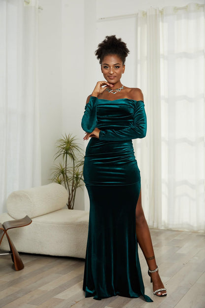 Women Off The Shoulder Formal Dresses Velvet High Split Maxi Dress