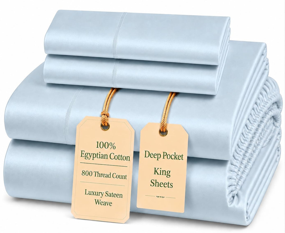 100% Egyptian Cotton Sheets King Size Sheets Set with Fully Elasticated 15" Deep Fitted Sheet & Pillowcases