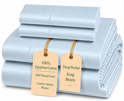 100% Egyptian Cotton Sheets King Size Sheets Set with Fully Elasticated 15" Deep Fitted Sheet & Pillowcases
