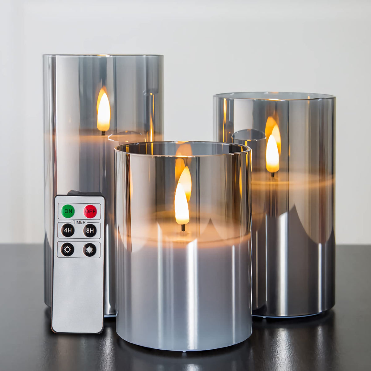 Eywamage Smoke Grey Glass Flameless Pillar Candles with Remote, Flickering LED Battery Candles Table Decor Set of 3