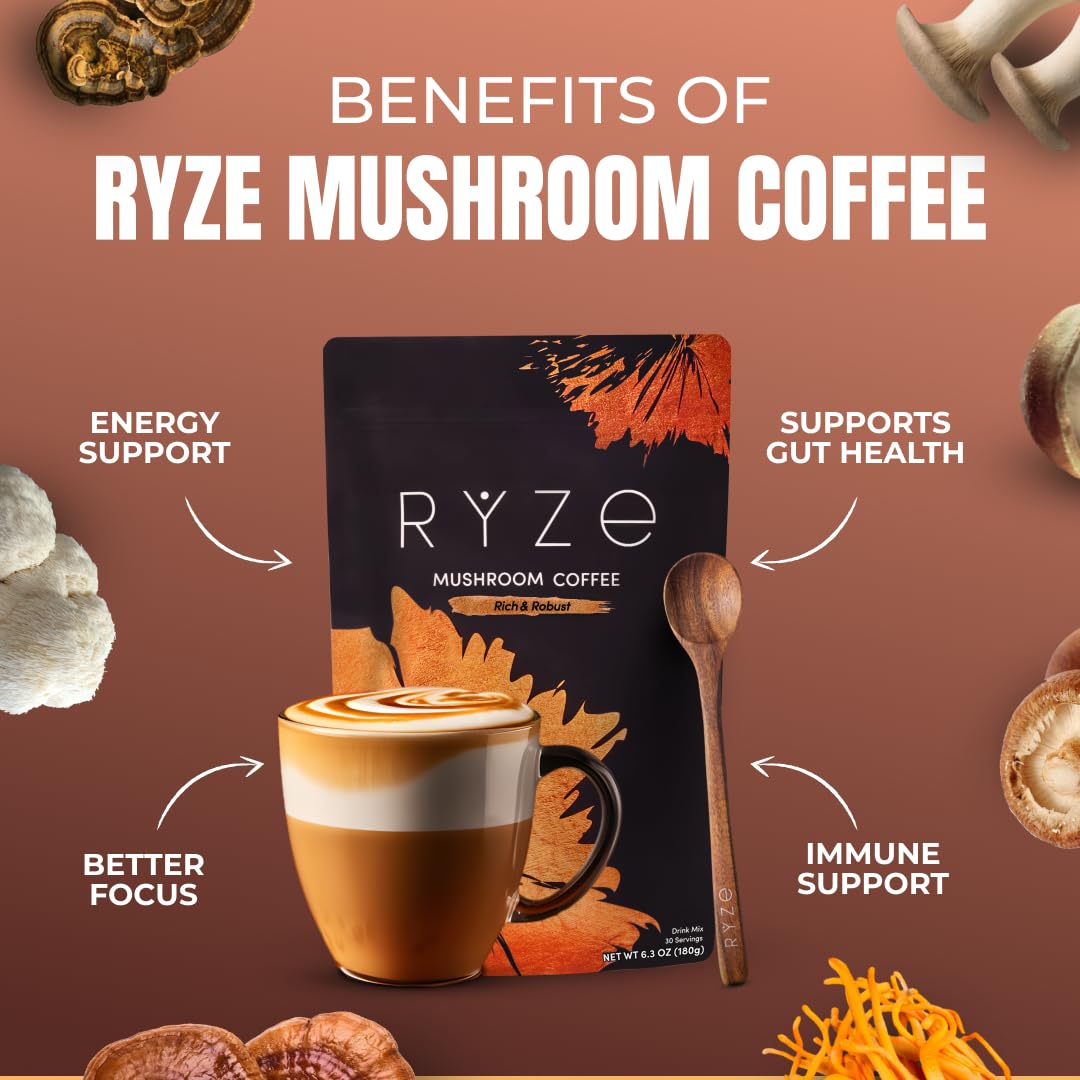 Ryze Superfoods Mushroom Medium Roast Coffee Usda Organic with 6 Adaptogenic Mushrooms