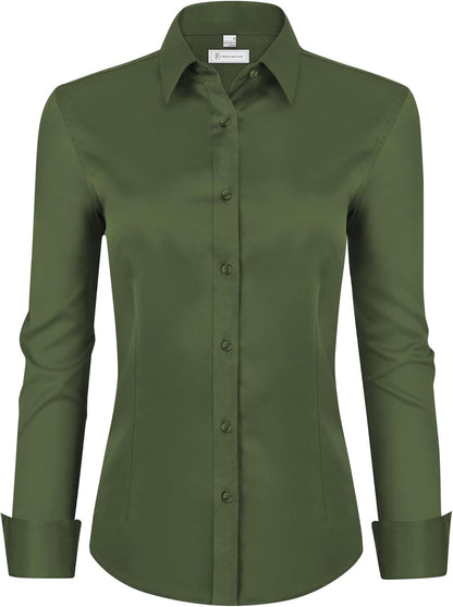 siliteelon Womens Classic-Fit Dress Shirts Long Sleeve Button Down Wrinkle-Free Stretch Solid Casual Work Office Blouse Top