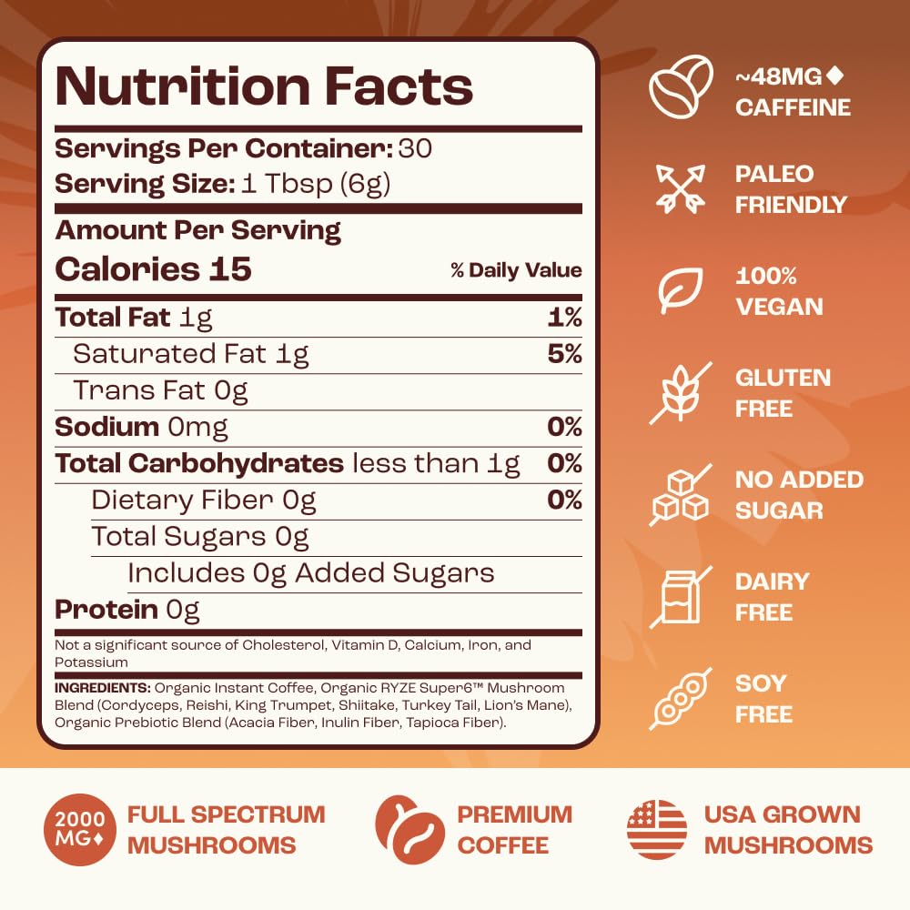 Ryze Superfoods Mushroom Medium Roast Coffee Usda Organic with 6 Adaptogenic Mushrooms
