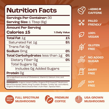 Ryze Superfoods Mushroom Medium Roast Coffee Usda Organic with 6 Adaptogenic Mushrooms