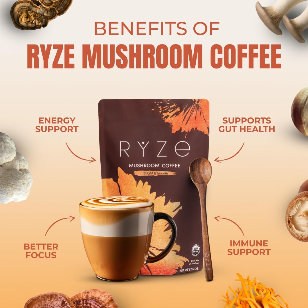 Ryze Superfoods Mushroom Medium Roast Coffee Usda Organic with 6 Adaptogenic Mushrooms