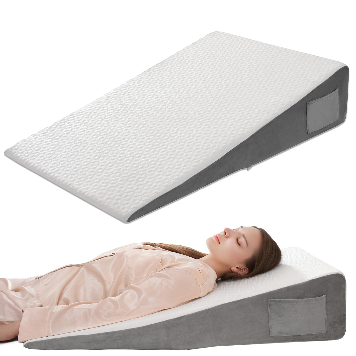 Vekkia King Bed Wedge Pillow for Headboard Gap, 0–6" Gap Filler with Side Pockets & Washable Cover, Gray 76"X10"x6"