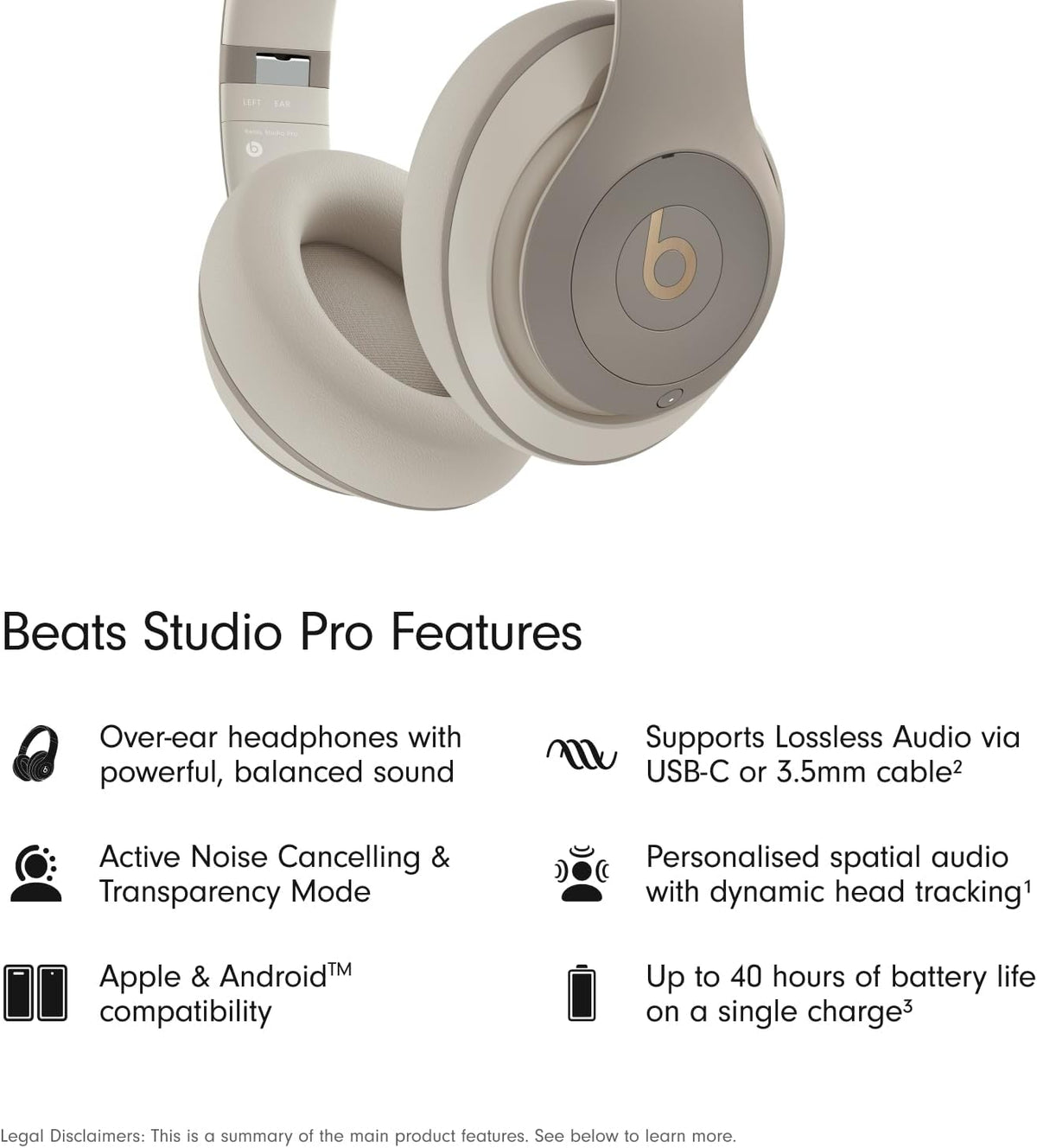 Beats Studio Pro Premium Wireless Over-Ear Headphones- Up to 40-Hour Battery Life, Active Noise Cancelling, Great for Travel & Commuting, USB-C Lossless Audio, Apple & Android Compatible -Black