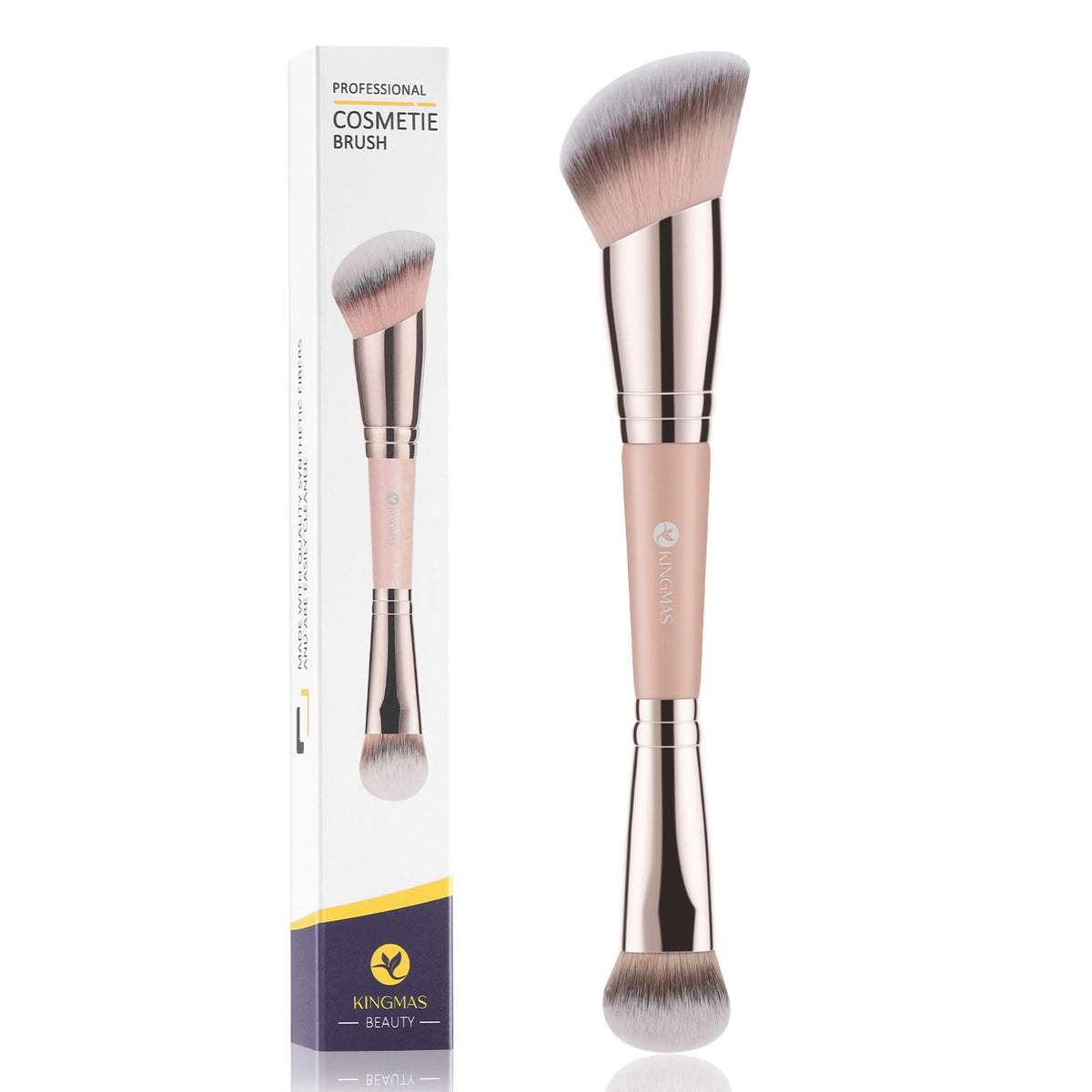 Kingmas Foundation Makeup Brush, Double Ended Bronzer Brush Angled & Round Contour Brushes for Beauty Blending Liquid Powder, Concealer Cream Cosmetics Blush (Brown)