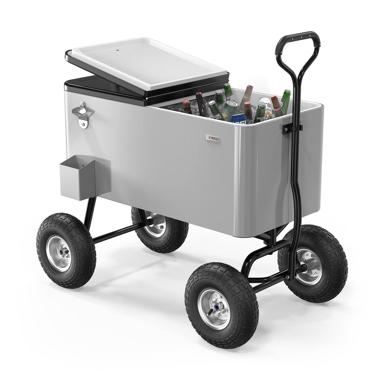 Vingli 80 Quart Wagon Rolling Cooler Ice Chest, W/Long Handle and 10" Wheels