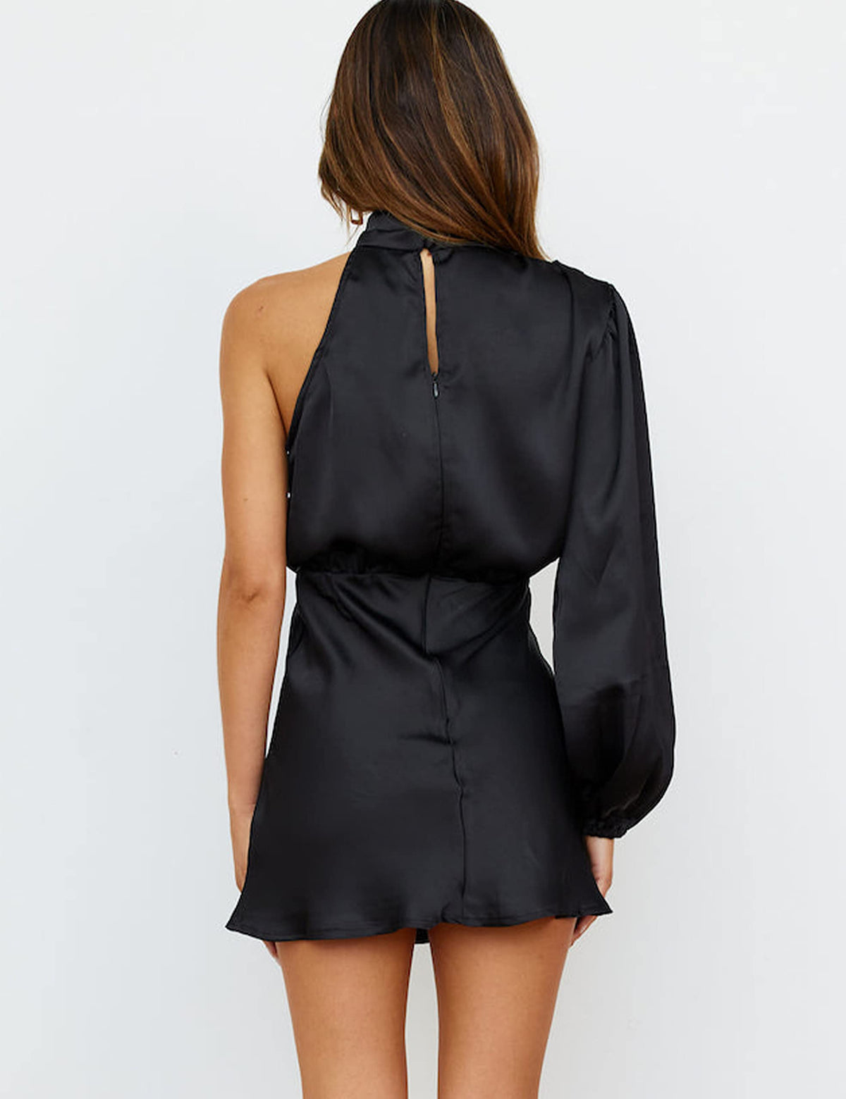 Women Satin One Shoulder Long Sleeve High Neck Cocktail Mini Dress