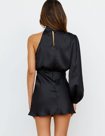 Women Satin One Shoulder Long Sleeve High Neck Cocktail Mini Dress