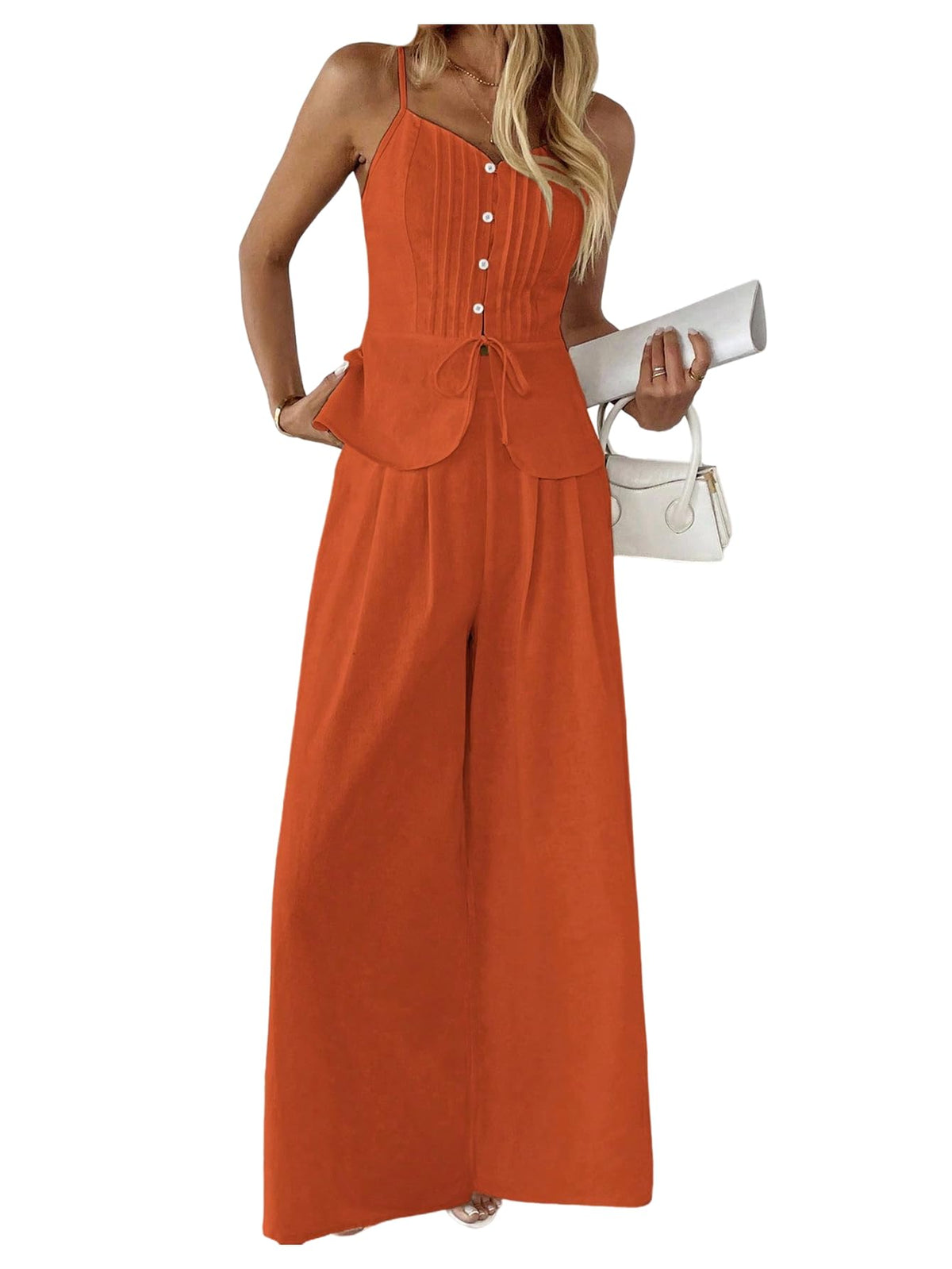 SOLY HUX Women's 2 Piece Outfit Button Down Peplum Cami Wide Leg Pants Set