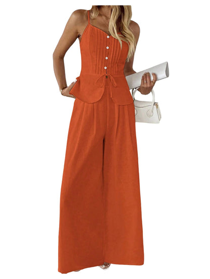SOLY HUX Women's 2 Piece Outfit Button Down Peplum Cami Wide Leg Pants Set