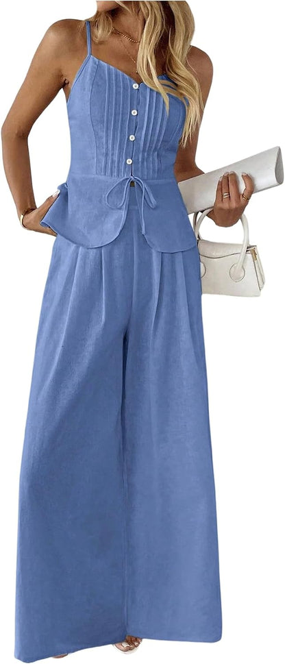 SOLY HUX Women's 2 Piece Outfit Button Down Peplum Cami Wide Leg Pants Set