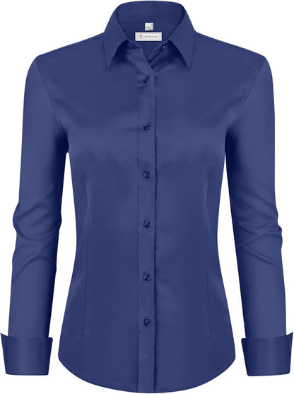 siliteelon Womens Classic-Fit Dress Shirts Long Sleeve Button Down Wrinkle-Free Stretch Solid Casual Work Office Blouse Top