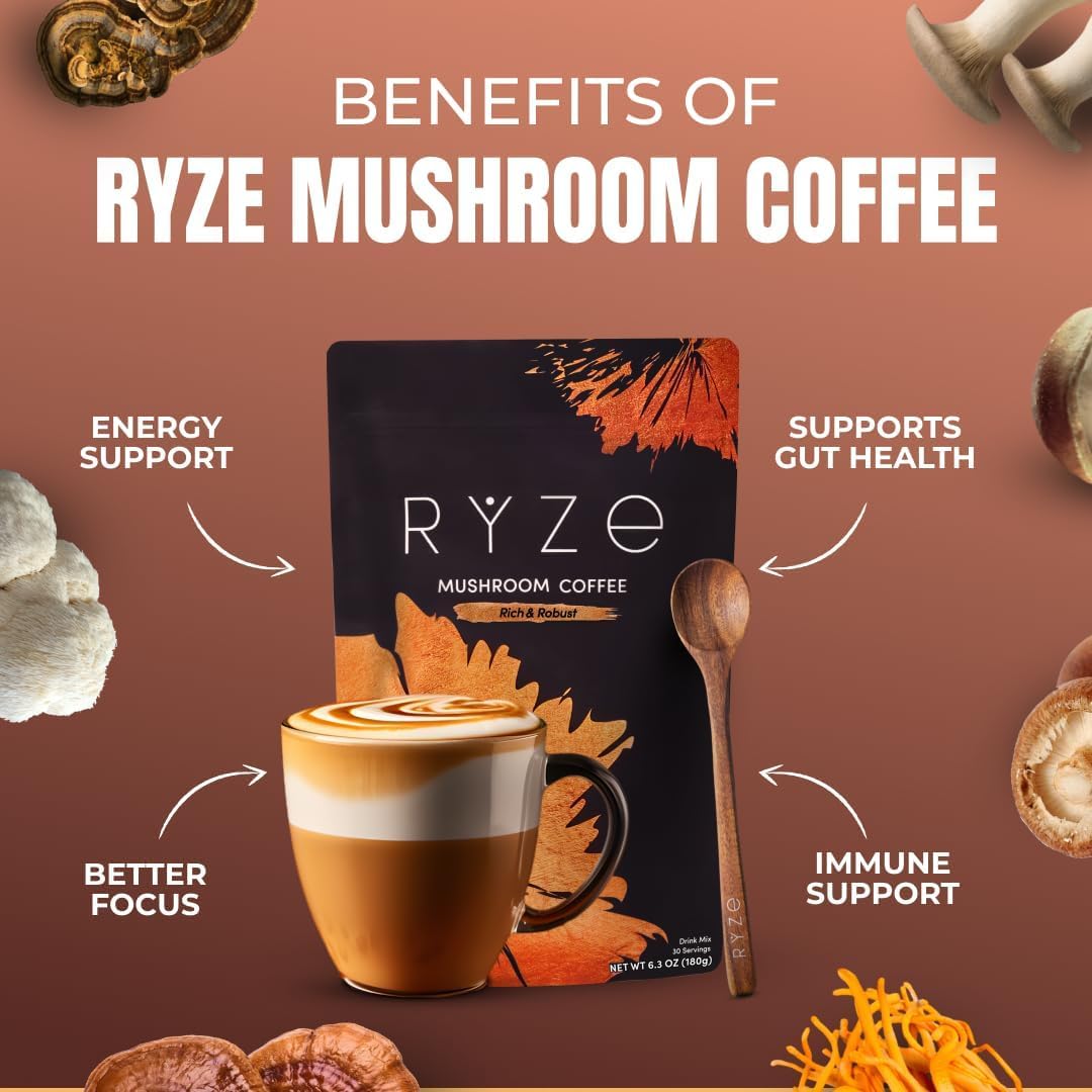 Ryze Superfoods Mushroom Medium Roast Coffee Usda Organic with 6 Adaptogenic Mushrooms