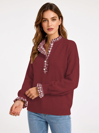 Ruffle Knit Collared Quarter Pullover