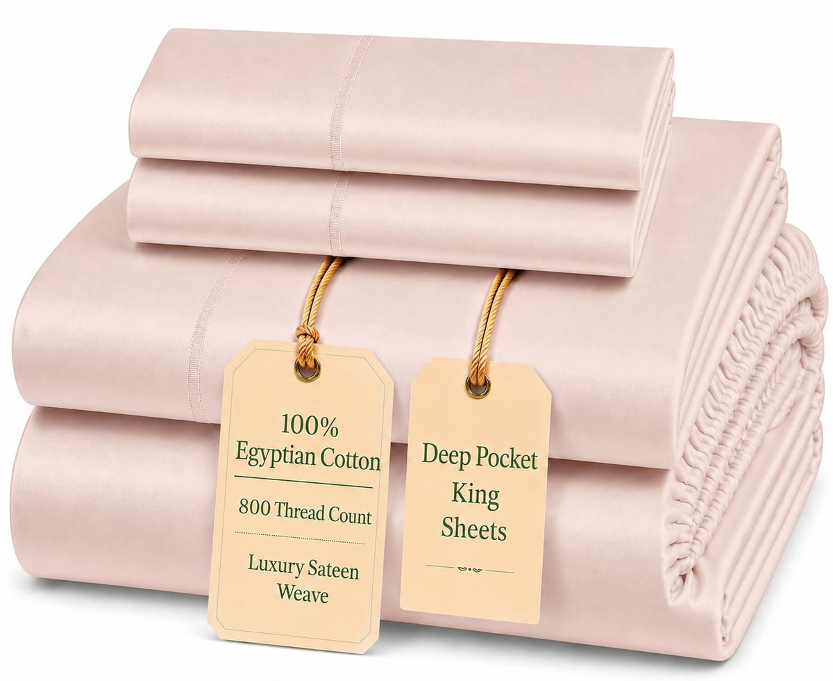 100% Egyptian Cotton Sheets King Size Sheets Set with Fully Elasticated 15" Deep Fitted Sheet & Pillowcases