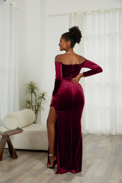 Women Off The Shoulder Formal Dresses Velvet High Split Maxi Dress