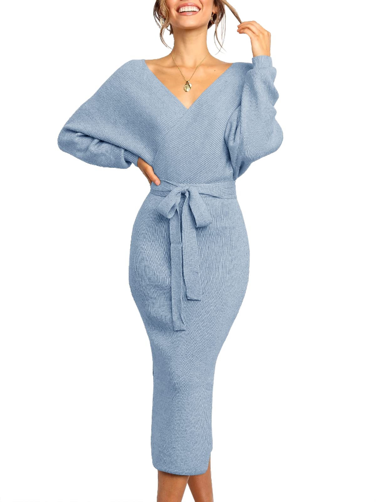 Womens Maxi Sweater Dress Long Sleeve Batwing Wrap V Neck Fall Dresses