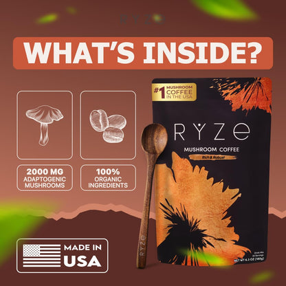 Ryze Superfoods Mushroom Medium Roast Coffee Usda Organic with 6 Adaptogenic Mushrooms