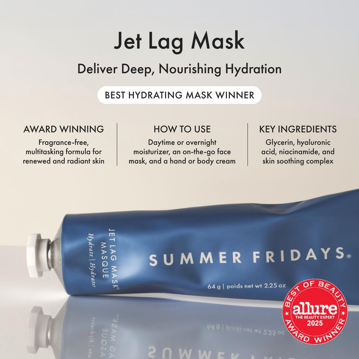 Summer Fridays Jet Lag Mask - Hydrating Overnight Face Mask, Moisturizer + Eye Cream - Enriched with Hyaluronic Acid, Niacinamide, + Antioxidants
