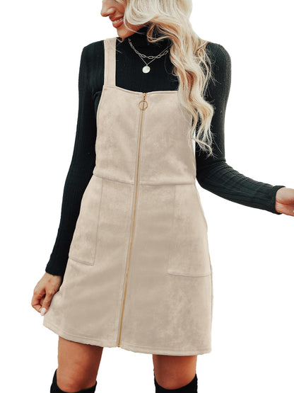 CUPSHE Faux Suede Mini Fall Dresses for Women Square Neck Pull Ring Zipper Front Pockets Wide Straps Casual Autumn Dress