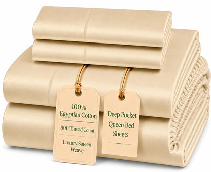 100% Egyptian Cotton Sheets King Size Sheets Set with Fully Elasticated 15" Deep Fitted Sheet & Pillowcases