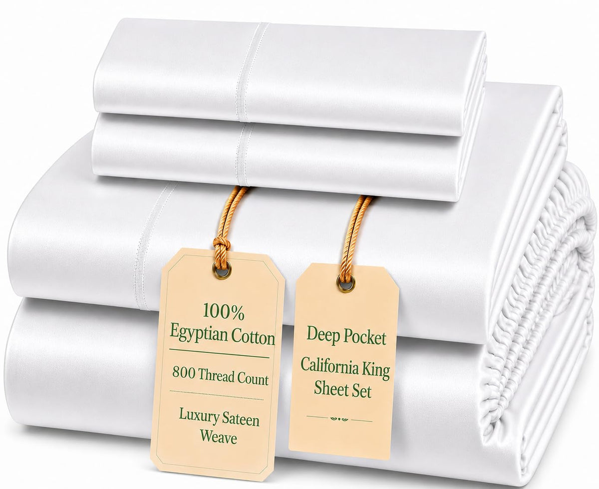 100% Egyptian Cotton Sheets King Size Sheets Set with Fully Elasticated 15" Deep Fitted Sheet & Pillowcases