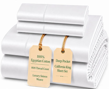 100% Egyptian Cotton Sheets King Size Sheets Set with Fully Elasticated 15" Deep Fitted Sheet & Pillowcases