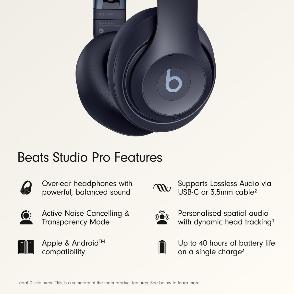 Beats Studio Pro Premium Wireless Over-Ear Headphones- Up to 40-Hour Battery Life, Active Noise Cancelling, Great for Travel & Commuting, USB-C Lossless Audio, Apple & Android Compatible -Black