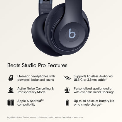 Beats Studio Pro Premium Wireless Over-Ear Headphones- Up to 40-Hour Battery Life, Active Noise Cancelling, Great for Travel & Commuting, USB-C Lossless Audio, Apple & Android Compatible -Black