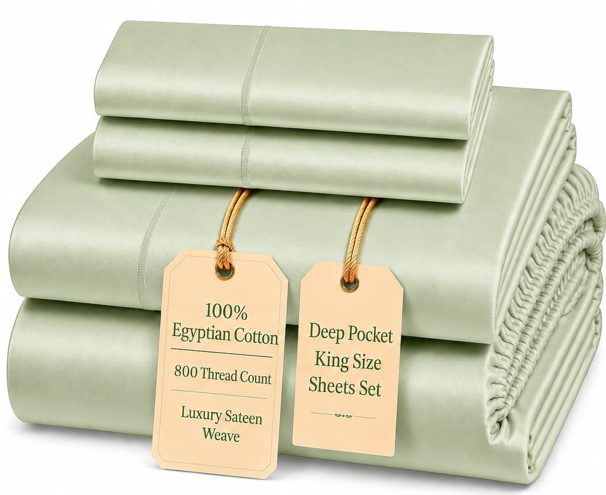 100% Egyptian Cotton Sheets King Size Sheets Set with Fully Elasticated 15" Deep Fitted Sheet & Pillowcases