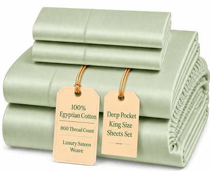 100% Egyptian Cotton Sheets King Size Sheets Set with Fully Elasticated 15" Deep Fitted Sheet & Pillowcases