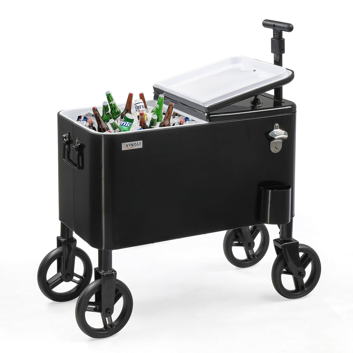 Vingli 80 Quart Wagon Rolling Cooler Ice Chest, W/Long Handle and 10" Wheels
