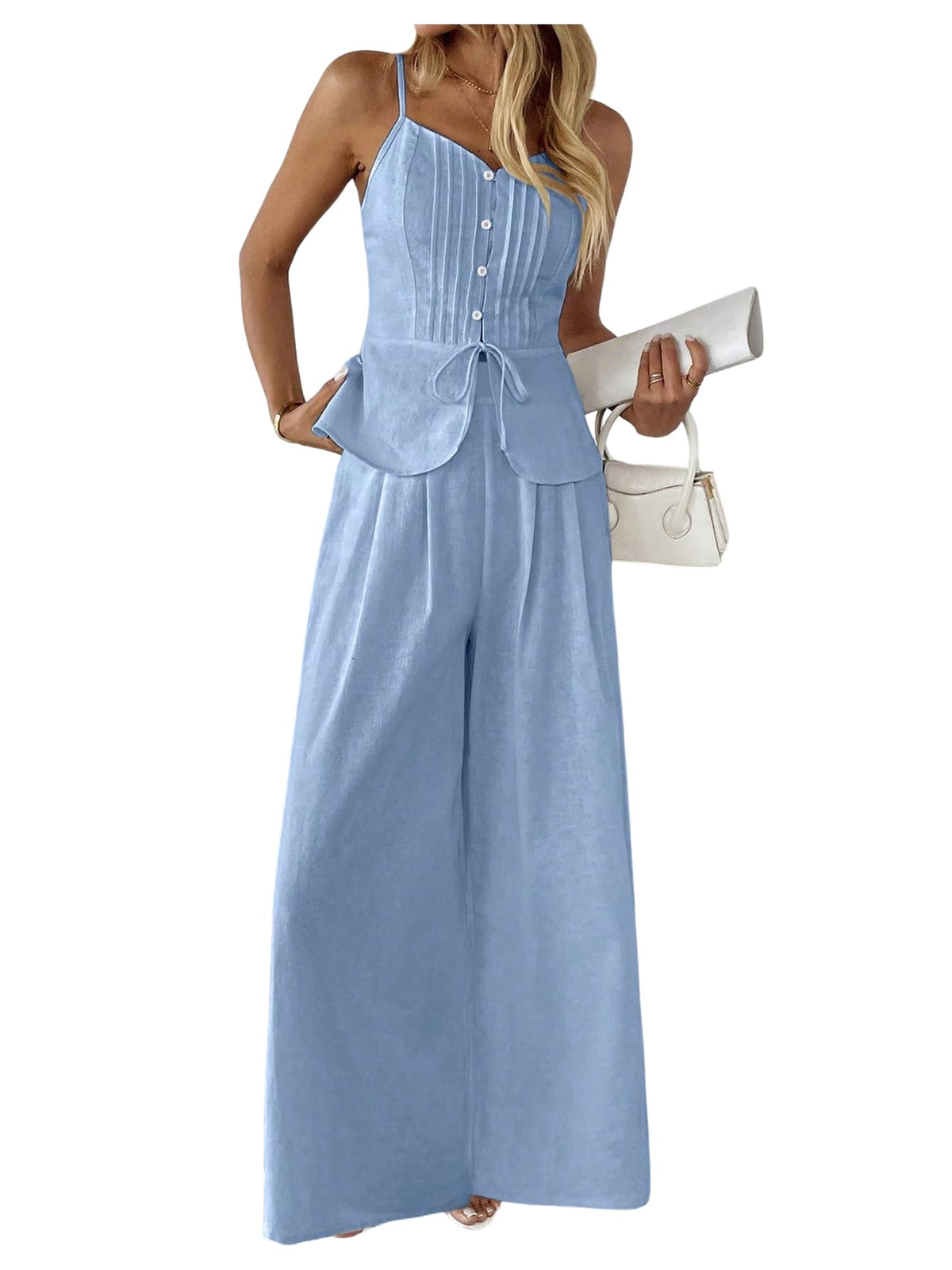 SOLY HUX Women's 2 Piece Outfit Button Down Peplum Cami Wide Leg Pants Set