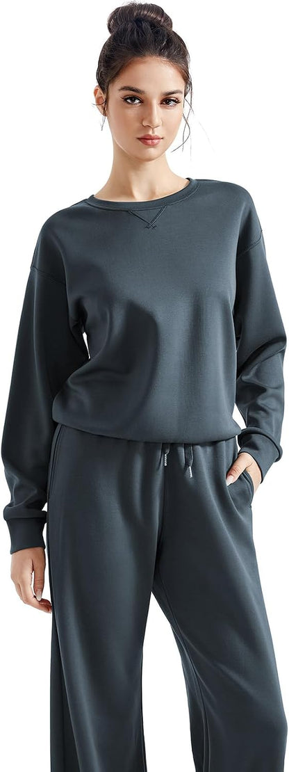 SUUKSESS Women 2 Piece Outfits Fall Oversized Sweatshirt Wide Leg Pants