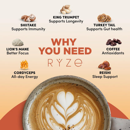 Ryze Superfoods Mushroom Medium Roast Coffee Usda Organic with 6 Adaptogenic Mushrooms